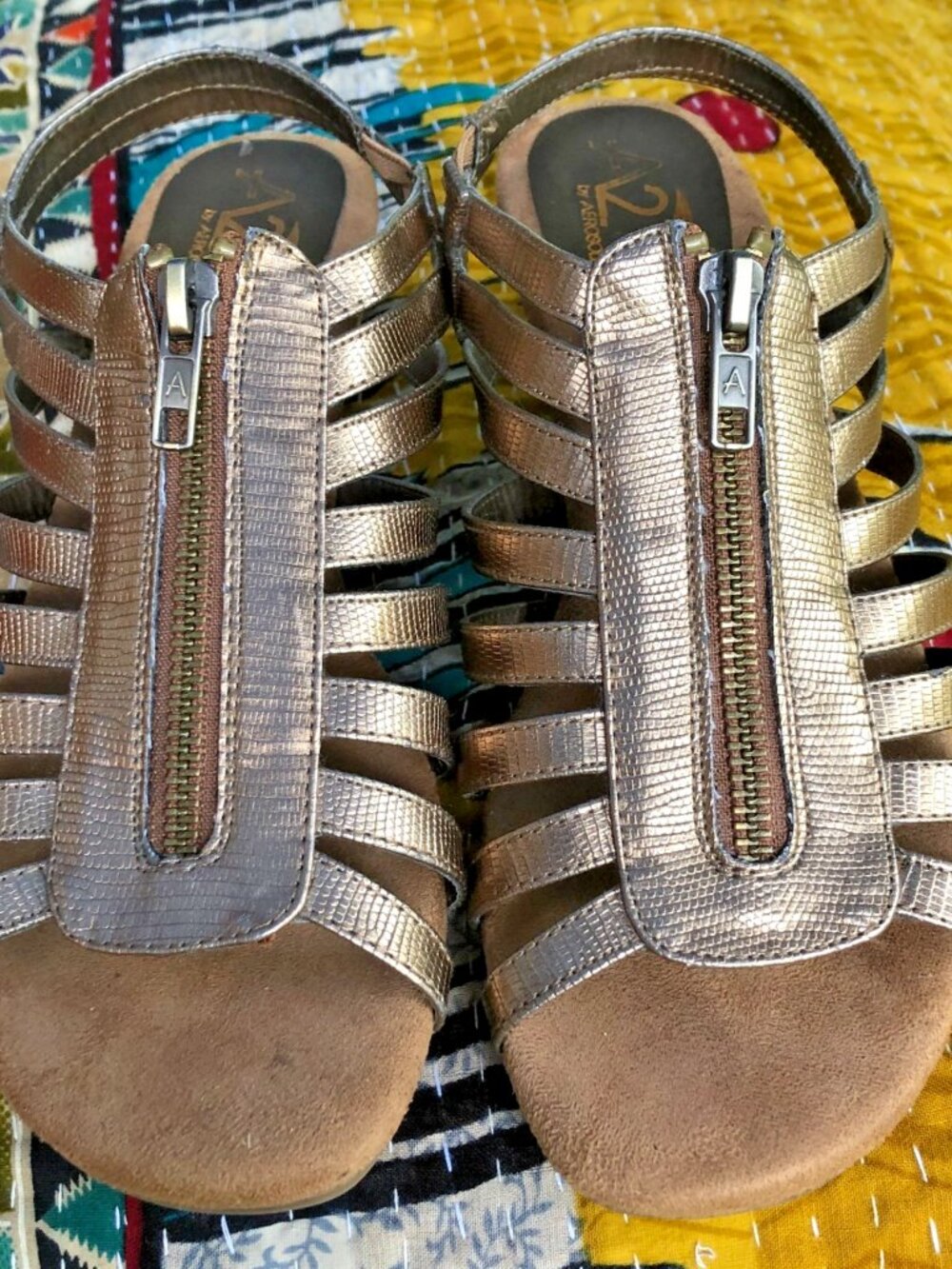 A2 by Aerosoles Yetaway Strappy Zip Wedge Sandals Bronze Metallic Women's 6.5 M
